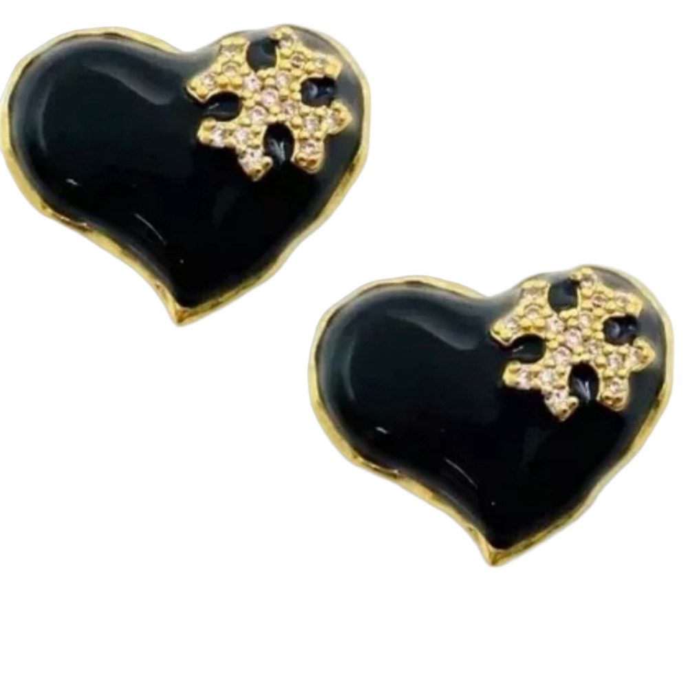 Tory Burch New Kira Black Enamel Heart Pave Crystals Gold-Toned Stud Earrings